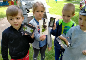 Dzieci prezentują obrazki z okazów naturalnych umieszczonych na kartce.