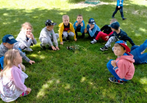 Dzieci prezentują wspólny obrazek z okazów naturalnych ułożony na trawie.