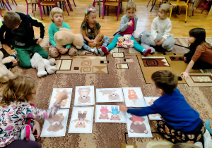 Dzieci siedzą w kole ze swoimi misiami i oglądają ilustracje różnorodnych misiów.